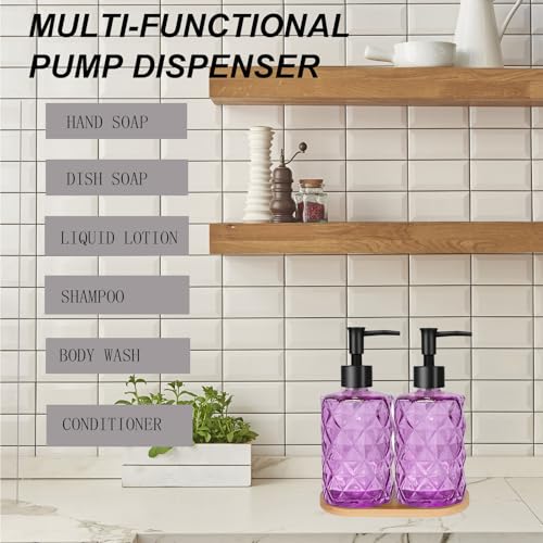 12oz Purple Glass Hand and Dish Soap Dispenser Set, Diamond Design, 2 Set | Bathroom Soap Dispenser with Plastic Pumps, Bamboo Tray for Hand Wash & Dish Wash, for Bathroom Kitchen Countertop - color: Purple