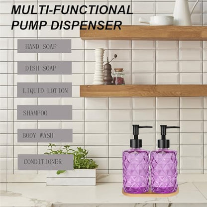 12oz Purple Glass Hand and Dish Soap Dispenser Set, Diamond Design, 2 Set | Bathroom Soap Dispenser with Plastic Pumps, Bamboo Tray for Hand Wash & Dish Wash, for Bathroom Kitchen Countertop - color: Purple