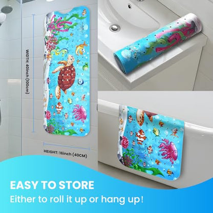 Baby Bath Tub Mat, 40 x 16 Inch Extra Large Non Slip Kids Cartoon Bathtub Shower Mats with Suction Cups & Drain Holes, Machine Washable for Bathroom, Undersea Sea Turtle - color: Undersea-sea Turtle