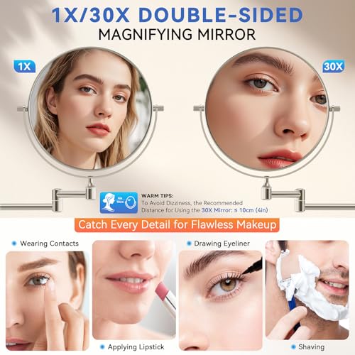 Auxmir 8" Double-Sided Wall-Mounted Makeup Mirror, 1X/30X Magnifying Mirror | stainless steel, 13-inch extendable swivel arm, 360°shaving rotation, bathroom makeup mirror, tweezers, Nickel - color: Nickel-1x/30x