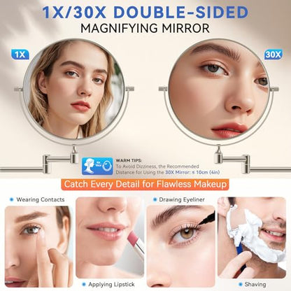 Auxmir 8" Double-Sided Wall-Mounted Makeup Mirror, 1X/30X Magnifying Mirror | stainless steel, 13-inch extendable swivel arm, 360°shaving rotation, bathroom makeup mirror, tweezers, Nickel - color: Nickel-1x/30x