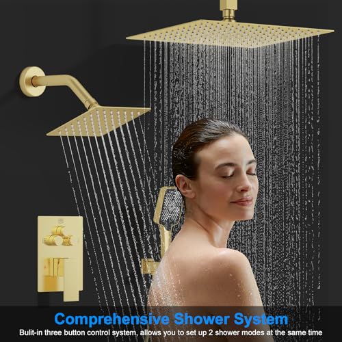 Shower Faucet Set, 12" Ceiling Mount Rainfall Shower System with 2 Rain Shower Head and Multi-function Handheld Head Push Button Diverter Shower Faucet Trim Kit (12", Brushed Gold) - color: Brushed Gold, style: 12"-Ceiling-01