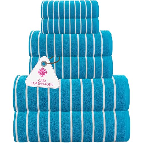 CASA COPENHAGEN Ecstatic 6Pcs 100% Egyptian Cotton Large Designer Towels Gift Set- Cyan, 600GSM, 2Bath 2Hand 2Washcloths, Bath Towels for Bathroom Set for Women & Men - color: Ecstatic 6pcs Towel Set Cyan, size: 6Pcs Towel Set