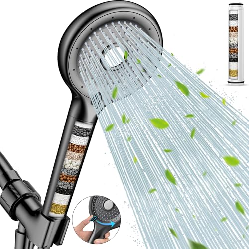 FEELSO Filtered Shower Head with Handheld, High Pressure Shower Filter Head | 15 Stage Water Softener Filters for Hard Water, Remove Chlorine & Harmful Substance, 6 Spray Mode, Hose & Bracket, 2 Filters - color: Matte Black, style: 2 Filters