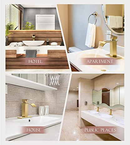 Gold Bathroom Faucet, Waterfall Sink Faucet with Drain for 1 or 3 Hole | YardMonet Brushed Gold Bathroom Sink Faucet, Modern Waterfall Spout Faucet with Drain Assembly and Hose, 304 Stainless Steel - size: Short