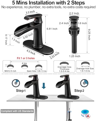 Brass Waterfall Faucet, Oil Rubbed Bronze Bathroom Faucet, 4 Inch Bathroom Sink Faucet 1 Hole or 3 Holes, 1 Handle Bathroom Faucets with Pop Up Drain Deck Plate Supply Hose for Antique Farmhouse - color: Oil Rubbed Bronze - Antique