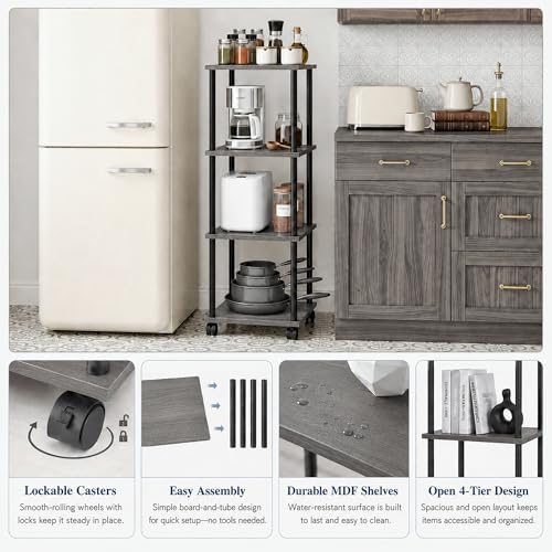 4-Tier 38.2" Tall Oak Grey Bathroom Shelving Unit with Wheels | Wood Finish, Metal Frame, Rolling Narrow Open Shelf Design, for Laundry Room, Kitchen, Living Spaces, Easy to Move - color: Oak Grey, size: 4-Tier
