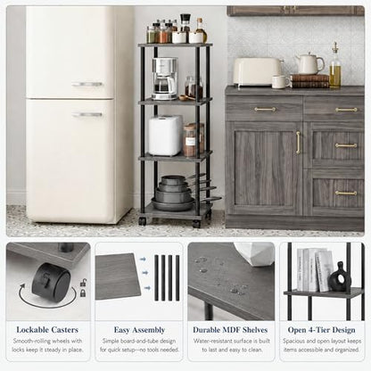 4-Tier 38.2" Tall Oak Grey Bathroom Shelving Unit with Wheels | Wood Finish, Metal Frame, Rolling Narrow Open Shelf Design, for Laundry Room, Kitchen, Living Spaces, Easy to Move - color: Oak Grey, size: 4-Tier