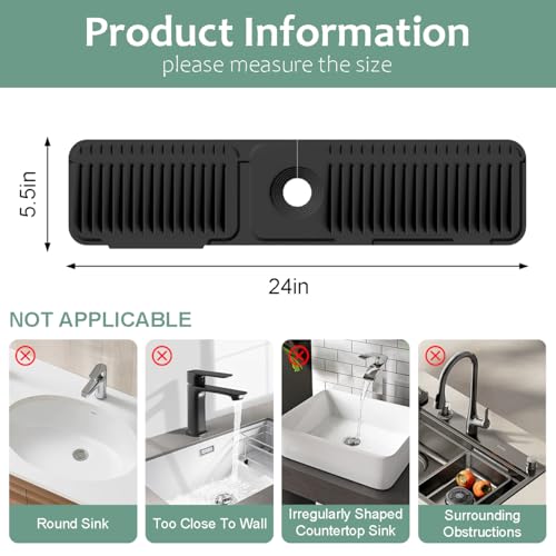 24 Inch Faucet Mat for Kitchen Sink Silicone Folding Faucet Mat for Bathroom Sink Splash Guard 7° Slope Water Draining Tray with Button Lock for Kitchen Bathroom Bar ect(Black) - color: Black