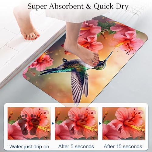 Elightvap Hummingbird Flowers Bathroom Mat Quick Drying Non Slip Bath Mats Absorbent,Bath Mat Quick Dry Bathroom Rug in Front of The Kitchen Sink, Shower Room, Bathtub,17 * 29.5 Inches - color: Hummingbird Flowers