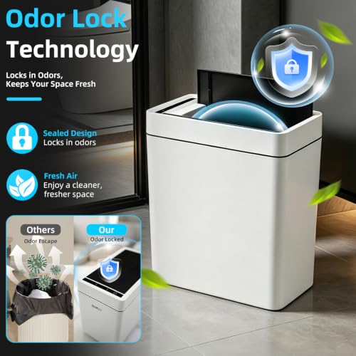 2.7 Gallon Slim Bathroom Touchless Trash Can, Automatic Smart Trash Can with Air-Press Bag Expander, Sensor Lid Waste Bin for Bedroom, Office & RV, White - size: 2.7 Gallon-Standard