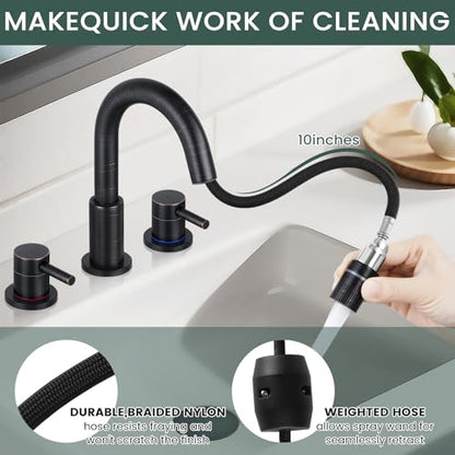 8 Inch Bathroom Faucet 3 Hole ORB Pull Down Bathroom Sink Faucet | Stainless Steel,Pull Down Sprayer,Oil Rubbed Bronze ,3 hole Widespread,Pop-up Drain,Water Supply Hoses,Two Water Flow Modes - color: A-Oil Rubbed Bronze