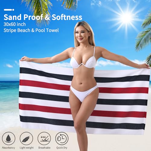 Beach Towel Set-4 Pack 30"x60" Sand Free Stripe Beach Towel for Pool,Bathroom,Soft Absorbent Quick Dry Lightweight Beach Bath Towel,Camping Blanket,Travel Towel,Beach Essentials for Adults,Red/Black - color: Red/Black