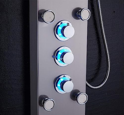 ELLO&ALLO LED Stainless Steel Bathroom Shower Panel Tower System, Rainfall Waterfall Shower Head Rain Massage System with Body Jets, Brushed Nickel - color: Brushed Nickel