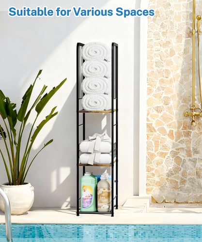 Narrow Towel Storage for Bathroom, 3-Tier Free Standing Bathroom Towel Rack Organizer with Shelf for Small Bath, Pool, Brown