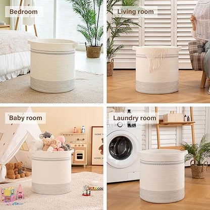 OIAHOMY 80L Laundry Basket, Laundry Hamper, Cotton Rope Storage Basket with Handles, Decorative Woven Basket for Living Room,Storage Baskets for Clothes, Blankets, and Toys -20''×18'', White&Gray | Tall Dirty Clothes Hamper with Handle,Blanket Basket,Deco