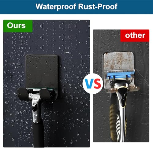 Razor Holder 304 Stainless Steel for Shower + Adhesive Sticky Heavy Duty Waterproof Wall Hooks, Premium for Hanging Towels, Coat, hat (2+2 Pack) - Black - color: Black-4pcs