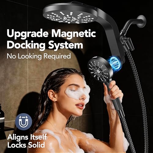 High Pressure Rain Showerhead Combo, 2026 Magnetic Shower Head Set with Detachable 8-Mode Handheld Shower Spray, Adjustable Angle Dual Showerhead with Built-in Magnetic Docking and Power Jets, ‎Black - color: ‎Matte Black