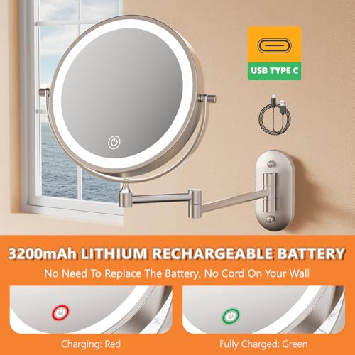Auxmir 1X/30X Wall Mounted Makeup Mirror, 8" Rechargeable Magnifying Mirror | double-sided button, 3200mAh, 3 dimmable colors, 360° rotation, extended arm, 30X magnification, bathroom, nickel - color: 8'' 30x-nickel