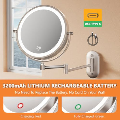 Auxmir 1X/30X Wall Mounted Makeup Mirror, 8" Rechargeable Magnifying Mirror | double-sided button, 3200mAh, 3 dimmable colors, 360° rotation, extended arm, 30X magnification, bathroom, nickel - color: 8'' 30x-nickel