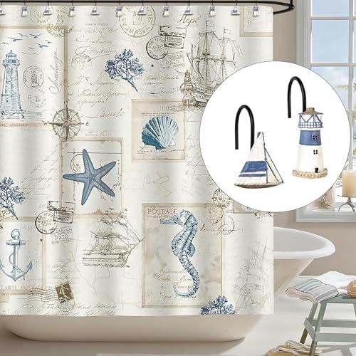Sunlit Nautical Shower Curtain Hooks, Home Decorative Coastal Shower Curtain Rings with Black Hooks for Bathroom, Resin, Ocean Shower Curtain Hanger Hooks, Set of 12, Blue Lighthouse Sailboat - size: Sailboat & Lighthouse With Black Hooks