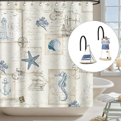 Sunlit Nautical Shower Curtain Hooks, Home Decorative Coastal Shower Curtain Rings with Black Hooks for Bathroom, Resin, Ocean Shower Curtain Hanger Hooks, Set of 12, Blue Lighthouse Sailboat - size: Sailboat & Lighthouse With Black Hooks