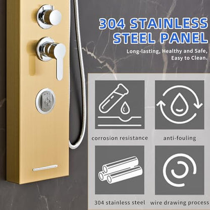 6 in1 Multi-Function Shower Panel Tower System-Brushed Gold | 304 stainless steel Shower Panel Column Tower with Powerful Body Massage, Rainfall, Waterfall,Handheld and Tub Spout - color: Brushed Gold, style: HSY-003