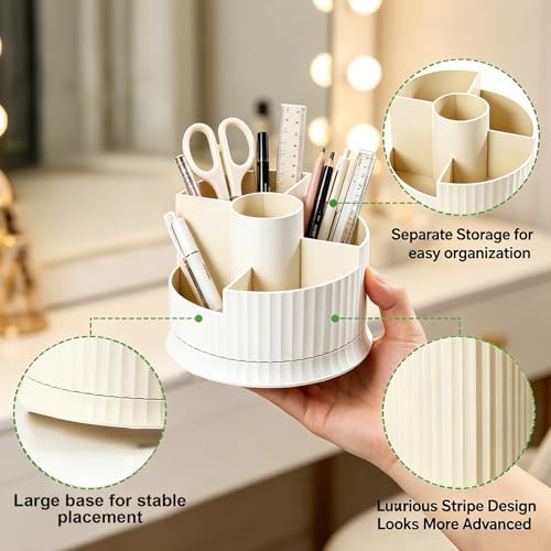 360° Rotating Makeup Brush Holder, 5-Compartment Spinning Cosmetics Organizer Cup for Vanity, Creamy White Desktop Storage for Skincare & Bathroom Accessories