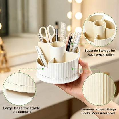 360° Rotating Makeup Brush Holder, 5-Compartment Spinning Cosmetics Organizer Cup for Vanity, Creamy White Desktop Storage for Skincare & Bathroom Accessories