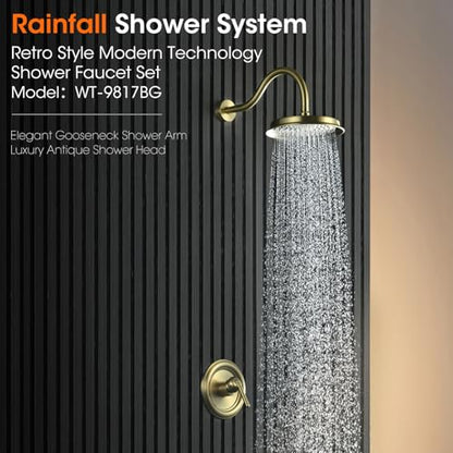 Rainfall Shower System Shower Faucet Set, Luxury, Antique, Light Gold | 9 Inch Single Function Shower Head, Pressure Balance Valve, Wall Mounted, Bathroom, Shower Trim Kit - color: Brushed Light Gold, style: Without Handheld