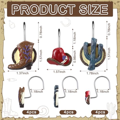 Roowest 12 Pcs Western Cowboy Shower Curtain Hooks Western Shower Curtain Hooks Stainless Steel Rust Resistant Rings Hangers for Winter Farmhouse Rustic Bathroom Decor - style: Western Cowboy