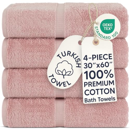 Chakir Turkish Linens 100% Cotton Premium Turkish Towels for Bathroom | 30'' x 60'' Large Bath Towels (4 Piece, Pink) - color: Pink