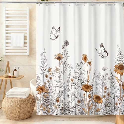 Vintage Flower Shower Curtain, Boho Floral with Botanical Shower Curtains for Bathroom, Flower Butterfly Brown Waterproof Polyester Fabric Shower Curtain Set with Hooks, 72 x 72 inches Bathroom - color: Brown Yellow