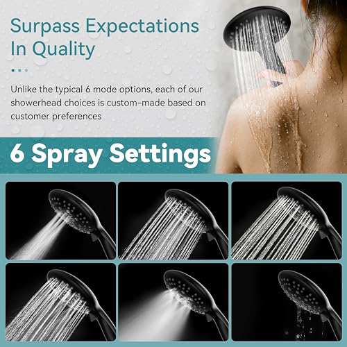 JDO Shower Head with Handheld, 6 Spray Settings High Pressure Hand Held Shower Head, 4.3" High Flow Rain Showerhead Set with Extra Long 59" Stainless Steel Hose and Adjustable Bracket(Matte Black) - color: Flat Black