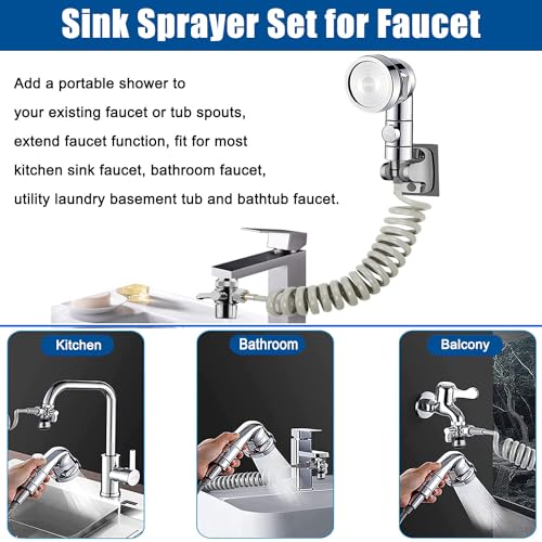 Sink Sprayer Attachment for Faucet, Kitchen Bathroom On/Off Handheld Shower Head with Flexible Hose, Faucet Aerator & Diverter Valve, Connect Different Sink Faucets, for Hair Washing Pet Shower