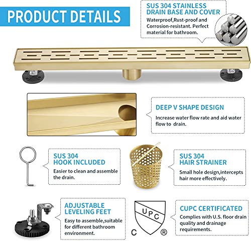 Linear Shower Drain, Brushed Gold Shower Drain 32 Inch with Removable Grate, SUS-304 Stainless Steel Rectangle Floor Drain with Leveling Feet and Hair Strainer, Bathroom Modern Drain SD-101 - color: Brushed Gold, size: 32 Inch