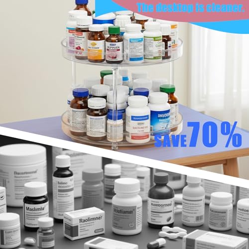 Lazy Susan 2-Tier Medicine Cabinet Organizer, Clear Plastic Spinning Spice Organization for Cabinet, Rotatable Makeup Organizer Countertop for Bathroom Vanity, Kitchen Pantry & Small Spaces Storage