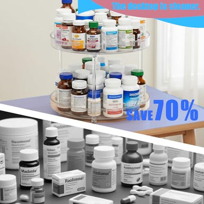 Lazy Susan 2-Tier Medicine Cabinet Organizer, Clear Plastic Spinning Spice Organization for Cabinet, Rotatable Makeup Organizer Countertop for Bathroom Vanity, Kitchen Pantry & Small Spaces Storage