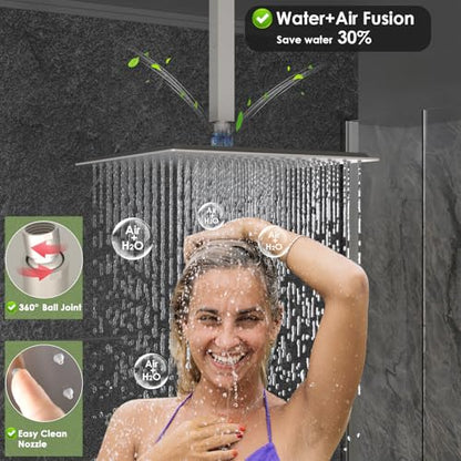 Enga Dual Shower Head Shower System with Body Jets, 12" Ceiling Mounted Rain Shower Head & 6" Wall Mounted Head Full Body Rainfall Shower Faucet with Valve Kit, Brushed Nickel - color: Brushed Nickel, style: Ceiling-12"+6"+Jets