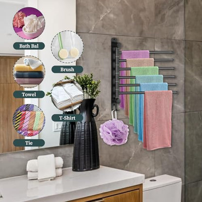 Swivel Towel Rack, Towel Bar with Wall Mounted 180° Rotation, 6 Arms Towels Hanger SUS 304 Stainless Steel, Space Saving for Kitchen, Bathroom, Outdoor (Matte Black)