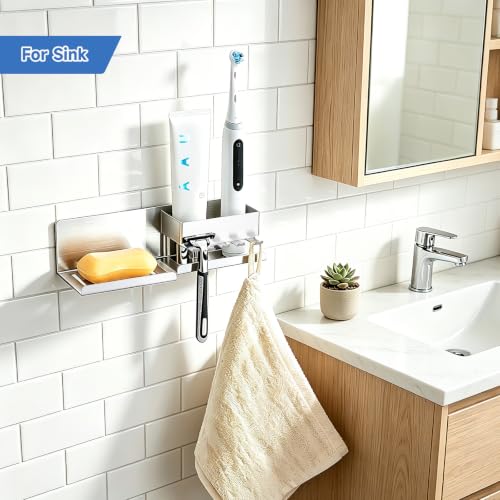 Bar Soap Holder for Shower Wall, Adhesive Soap Dish, Silver | Self-draining Soap Tray for Bathroom, Stainless Steel Soap Stand, with Baffle & 5 Hooks for Loofah, Razor, Toothbrush