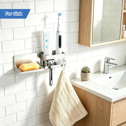 Bar Soap Holder for Shower Wall, Adhesive Soap Dish, Silver | Self-draining Soap Tray for Bathroom, Stainless Steel Soap Stand, with Baffle & 5 Hooks for Loofah, Razor, Toothbrush