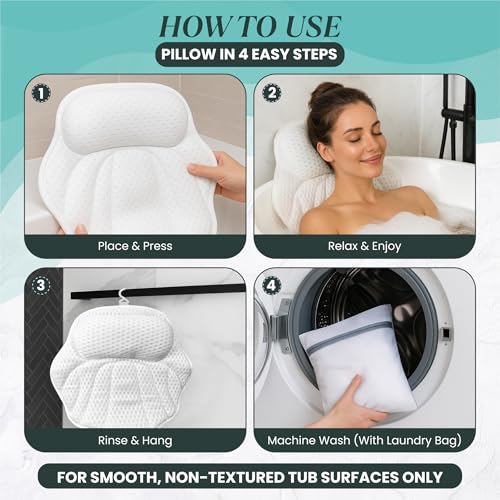 Bath Pillows for Tub, Complete Spa Set with Loofah & Wash Bag – Bathtub Pillow for Head and Neck and Back Support, 6 Strong Suction Cups, Quick-Dry 4D Air Mesh, Gift-Ready