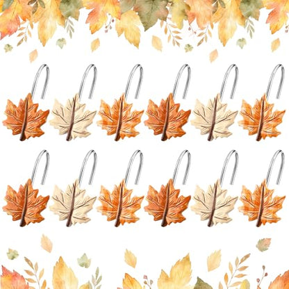 Colingmill Set of 12 Maple Leaf Shower Curtain Hooks for Fall Bathroom Decor, Metal Rustproof Farmhouse Plaid Autumn Leaves Decorative Shower Curtain Hooks Rings for Thanksgiving Bathroom Decor - style: Maple Leave