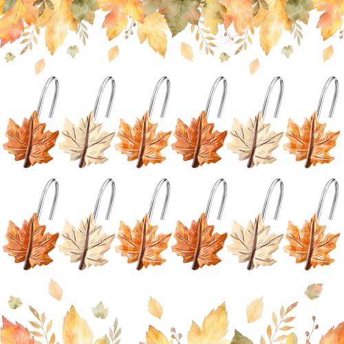Colingmill Set of 12 Maple Leaf Shower Curtain Hooks for Fall Bathroom Decor, Metal Rustproof Farmhouse Plaid Autumn Leaves Decorative Shower Curtain Hooks Rings for Thanksgiving Bathroom Decor - style: Maple Leave