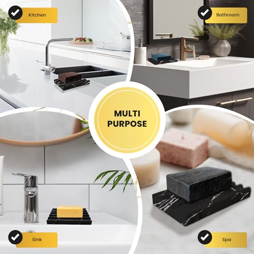 DAYONE Holder with Marble Look - Soap Dish with Soap Saver Ridges Rectangle Bar Soap Holder with Non Slip Feet - Soap Tray for Bathroom, Sink, Kitchen, and SPA (Black) - color: Black