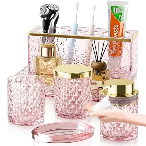 Glass Bathroom Accessories Set 5Pcs Crystal - Foaming Soap Dispenser, Soap Dish, Cup, Acrylic Toothbrush Holder with Tray Organizer, Qtip Jar, Bathroom Counter Set Sink Decor (Pink) - color: Pink