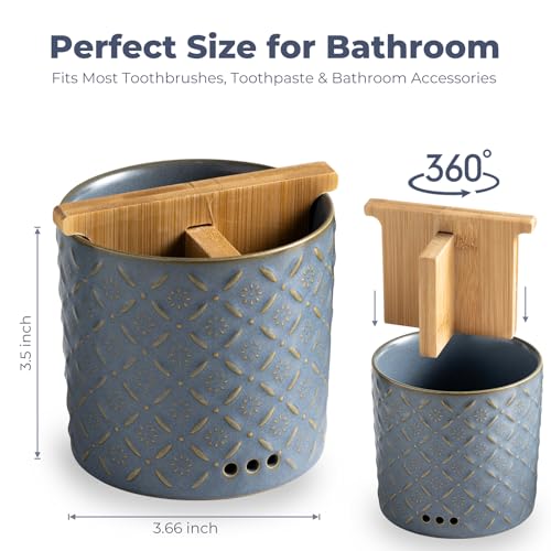 Zoeeker Toothbrush Holders, Detachable 3 Slots Electric Toothpaste Holder | Ceramic Toothbrush & Toothpaste Cup with Drain Holes & Bamboo Divider Brush Holder for Bathroom Countertop, Family, Blue - color: A-blue