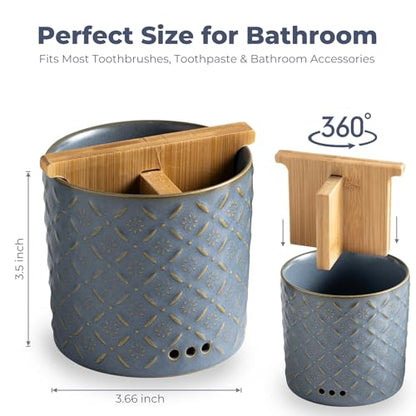 Zoeeker Toothbrush Holders, Detachable 3 Slots Electric Toothpaste Holder | Ceramic Toothbrush & Toothpaste Cup with Drain Holes & Bamboo Divider Brush Holder for Bathroom Countertop, Family, Blue - color: A-blue