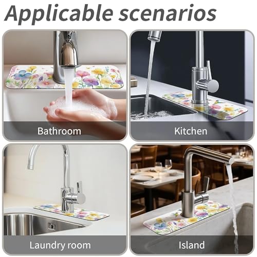 Kitchen Sink Splash Guard，Spring-flowers with hummingbirds Faucet Mat Sink Gadgets-Super Absorbent Fast Drying Mat Drip Catcher for Kitchen, Bathroom,Sink Mat, Dish Drying Mat, Bathroom(15" X 5.5" ) - color: Spring-flowers with hummingbirds